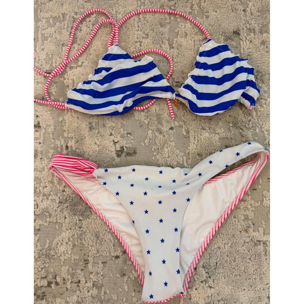 Victoria's Secret Bikini Set Blue White Striped Star Print Pink Ruffle large - Picture 1 of 3